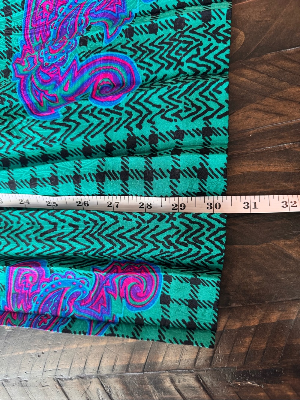 Vintage 100% Silk Midi Skirt Green Teal Paisley Geometric Abstract Print Size 10 - Picture 10 of 11